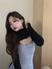 Real shot and real price high collar contrast skinny patchwork dress