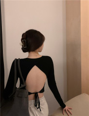 Real price sexy open back bandage long sleeve T-shirt