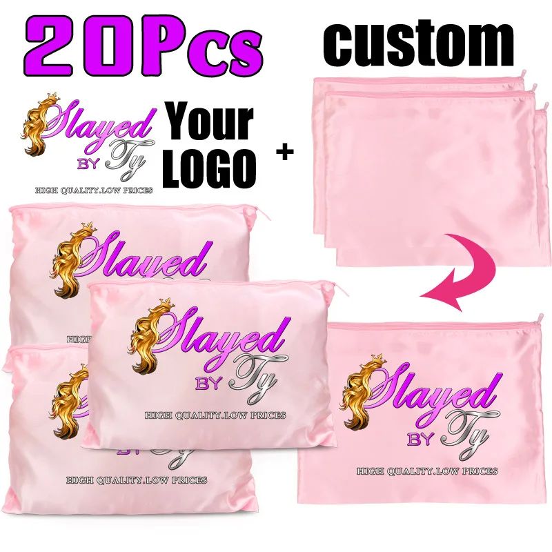 20Pcs Logo Customize Silk Satin Bags With Zipper Big Wig Bag