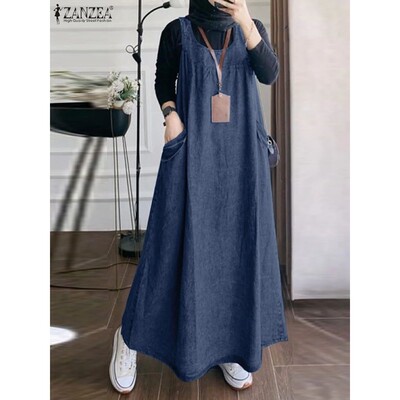 Summer Autumn Overalls Dress ZANZEA Muslim Maxi Sundress Rob