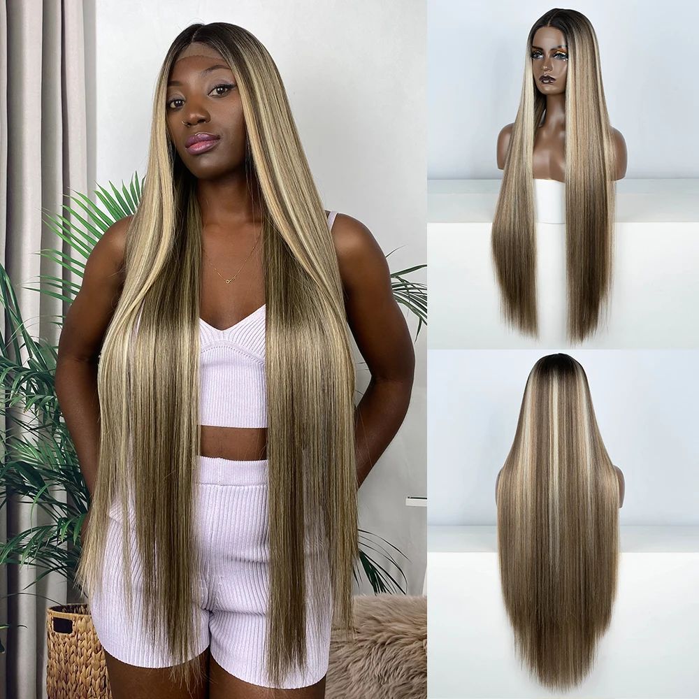 Synthetic Lace Front Wigs Highlight Brwon Blonde Black Wig F