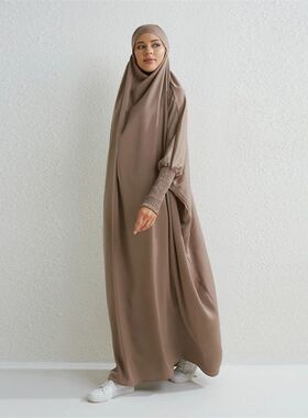 Muslim Abay Hooded Smocking Sleeve One-piece Prayer Dress Wo