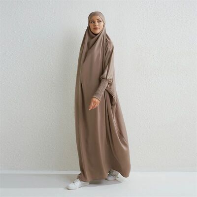 Muslim Abay Hooded Smocking Sleeve One-piece Prayer Dress Wo