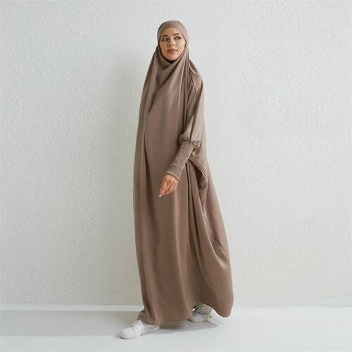 Muslim Abay Hooded Smocking Sleeve One-piece Prayer Dress Wo