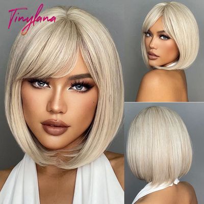 White Blonde Gray Synthetic Wigs with Bangs Short Straight B