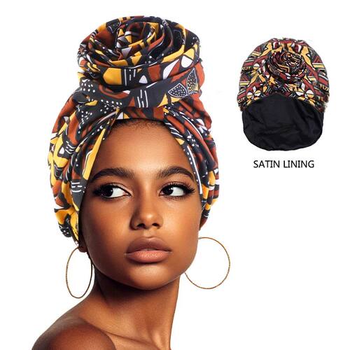 Woman African Satin Lined Turban Cap Big Flower Hat Floral P