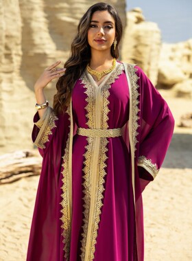 2PCS Muslim Women Dress Dubai Abay Kaftan Turkey Embroidery