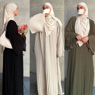 Muslim Dress for Women Pleated Flare Sleeve Jalabiya Kaftan