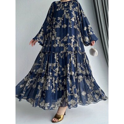Chiffon Women Dress Abay Flower Print Muslim Vestidos Largo
