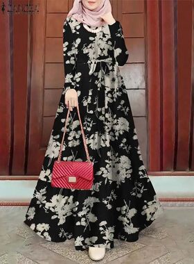 ZANZEA Spring Floral Printed Muslim Dress Long Sleeve Ramada