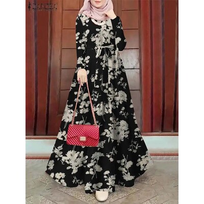 ZANZEA Spring Floral Printed Muslim Dress Long Sleeve Ramada
