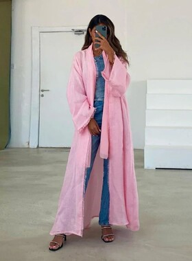 Muslim Abay Women Pink Cotton Linen Cardigan Jalabiya Morocc