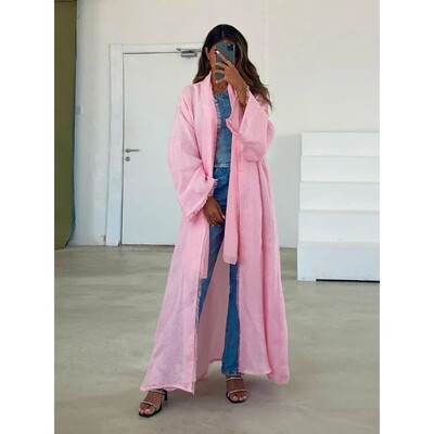 Muslim Abay Women Pink Cotton Linen Cardigan Jalabiya Morocc