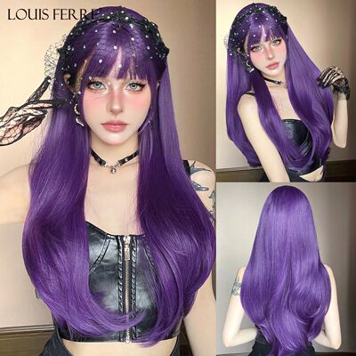 LOUIS FERRE Deep Purple Cosplay Halloween Wig Long Wavy Synt