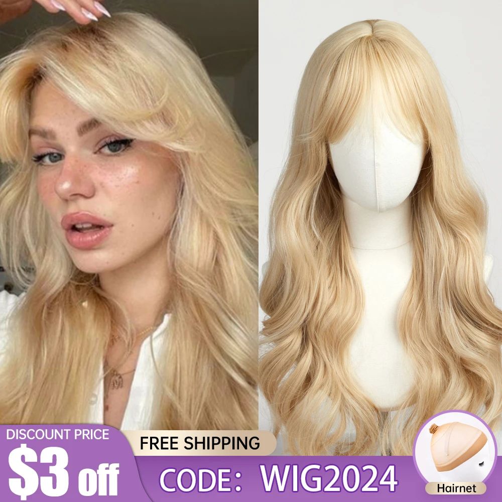 EASIHAIR Sandy Blonde Golden Wavy Synthetic Wigs with Long B