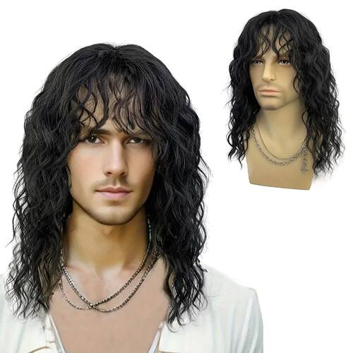 18 Inch Synthetic Rock Wig Men/Women Black White Bangs Long