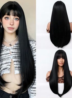 BlackWig With Bangs long Straight Hair Wigs 28inch Synthetic