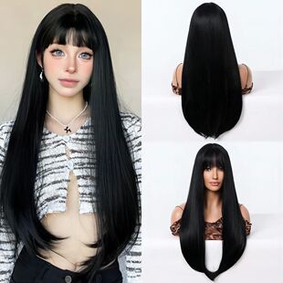BlackWig With Bangs long Straight Hair Wigs 28inch Synthetic