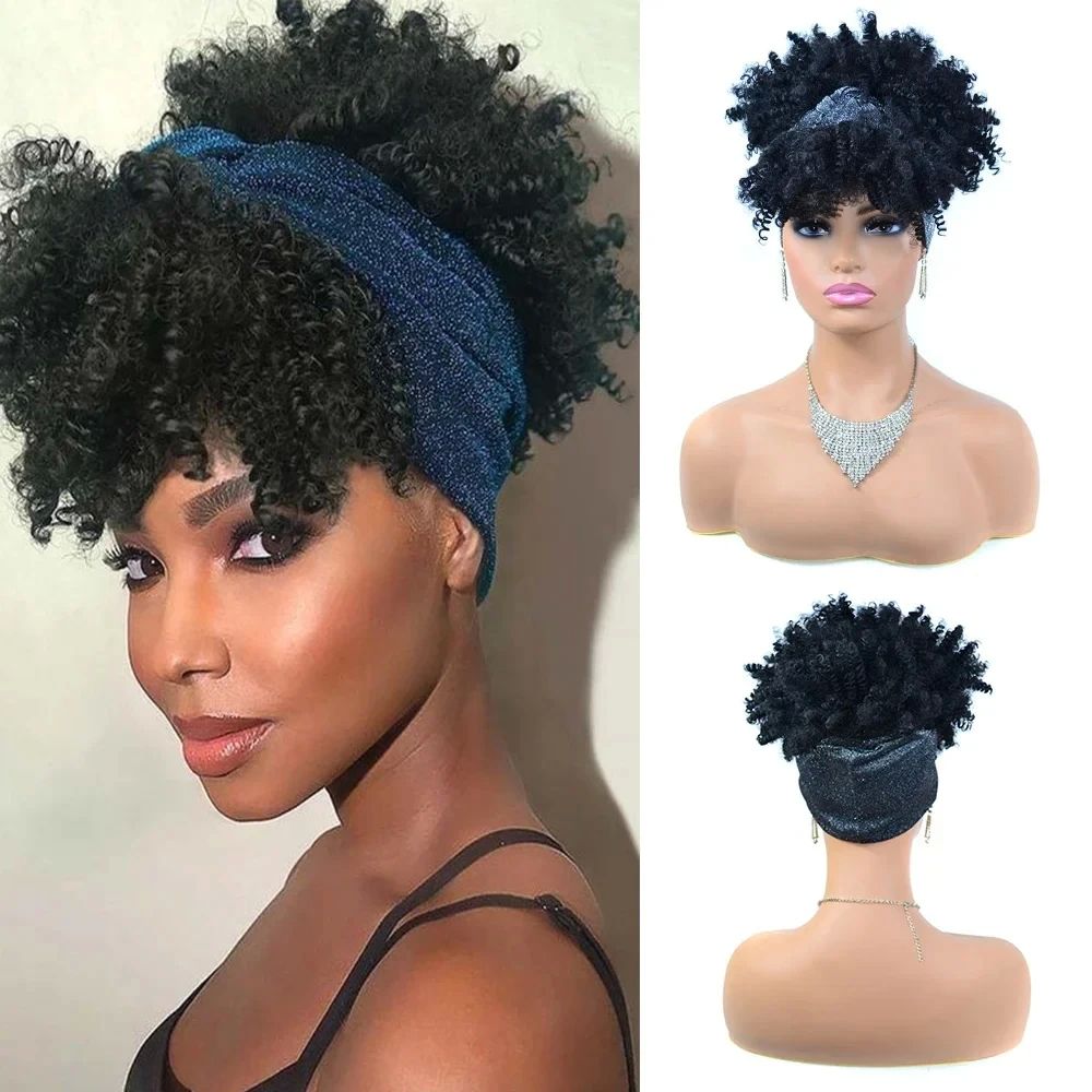 Short Kinky Curly Headband Wigs  Afro Puff Curly Headband Wi