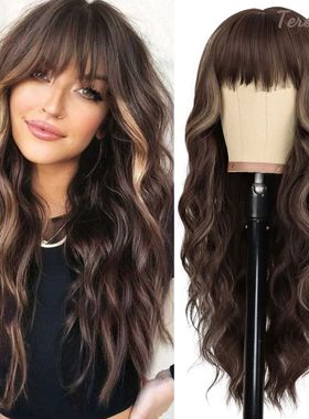 Tereshar Synthetic Dark Brown Wigs with Bangs,Brown Highligh