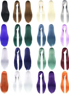 80cm Long Synthetic Hair White Purple Cosplay Wigs Party Bla