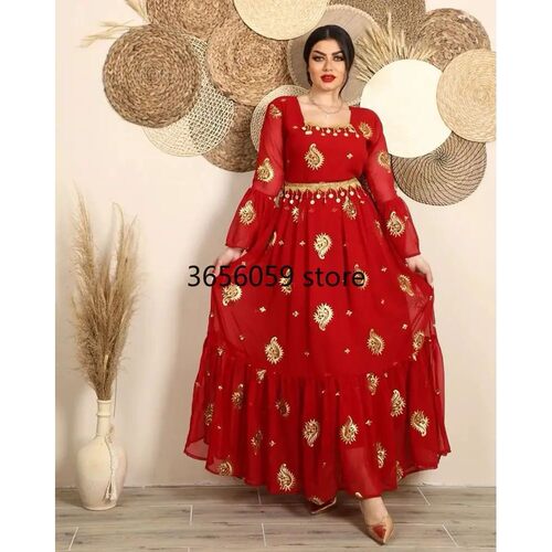 Charming Red Middle East Dress Robe Embroidery Flare Sleeves