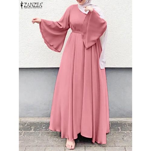 ZANZEA Women Muslim Maxi Dress Solid Color O-Neck Long Sleev
