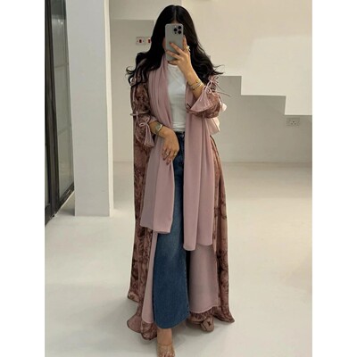 Women Print Abay with Scarf Muslim Open Dress Bow Sleeve Caf