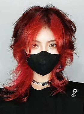 Long hair, Wolf tail, samurai head, blue highlights, mullet