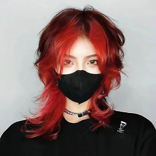 Long hair, Wolf tail, samurai head, blue highlights, mullet