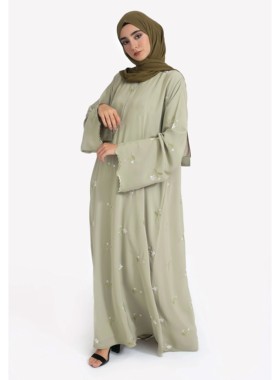 Stylish Muslim Islamic Abay for Women Light Green Floral Emb