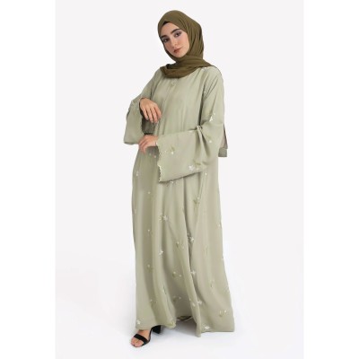Stylish Muslim Islamic Abay for Women Light Green Floral Emb