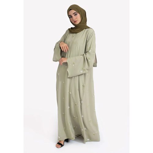 Stylish Muslim Islamic Abay for Women Light Green Floral Emb