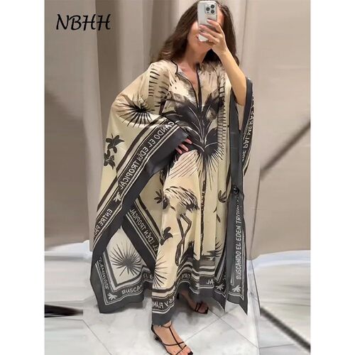 Loose Print Long Dresses Women O-neck Full Sleeve Pleated Ho