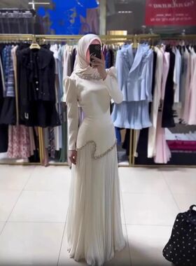 Abay Pleated Dress Women Dubai Dresses Sequins Lace Up Islam