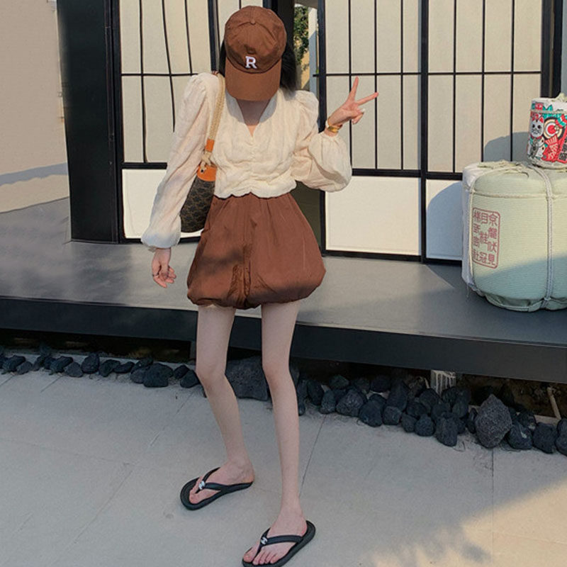 套装女夏季泡泡袖雪纺长袖V领褶皱防晒衬衫+蓬蓬裙花苞短裤两件套