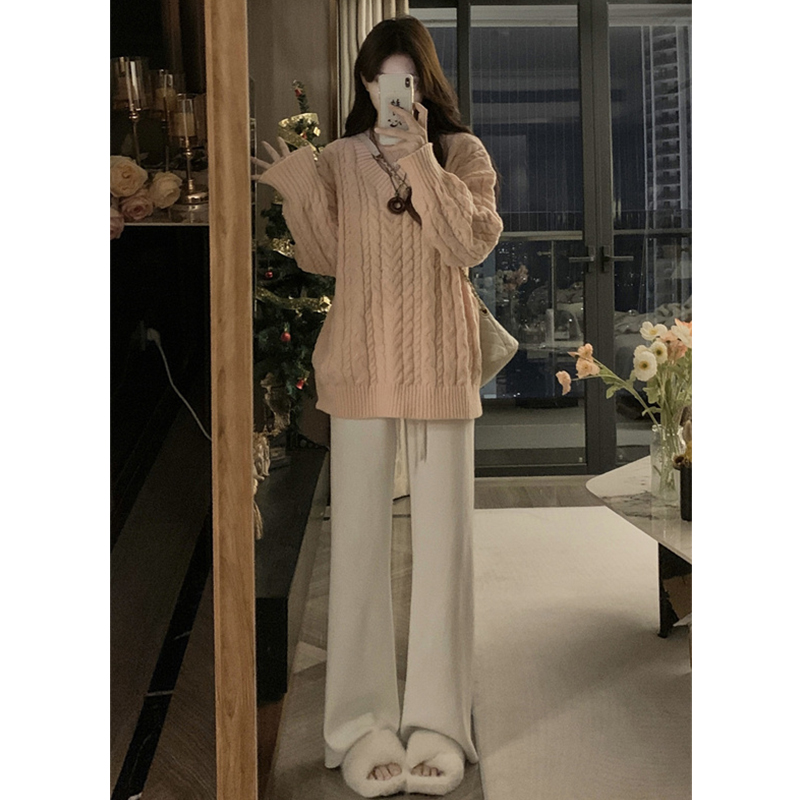 2023春秋麻花毛衣女针织裤两件套