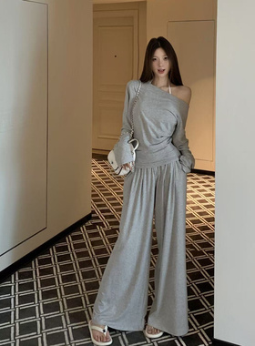 2026春季新款高级感显瘦灰色纯欲弹斜肩长袖T恤阔腿休闲裤套装女