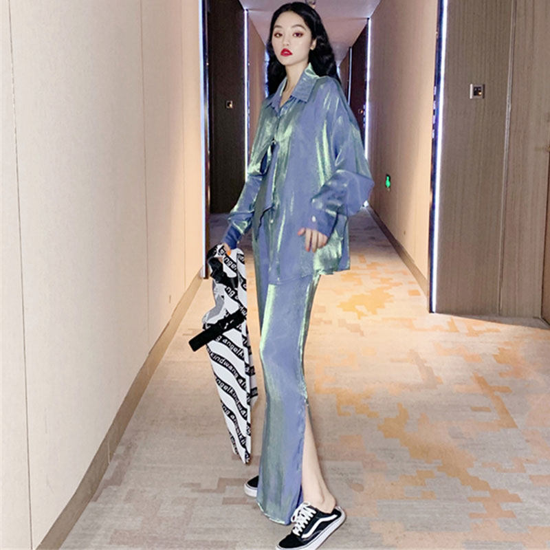 套装女夏装新款防晒衣偏光blingbling衬衫+短裤+开叉直筒裤两件套