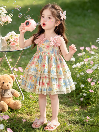 Girls' Summer Suspender Dress 2026 New Style Kidsren's Stylish Thin Cake Dress Baby Floral Princess Dress