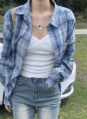 复古蓝色格子宽松长袖衬衫女中长款秋季新款bf风休闲衬衣上衣外套