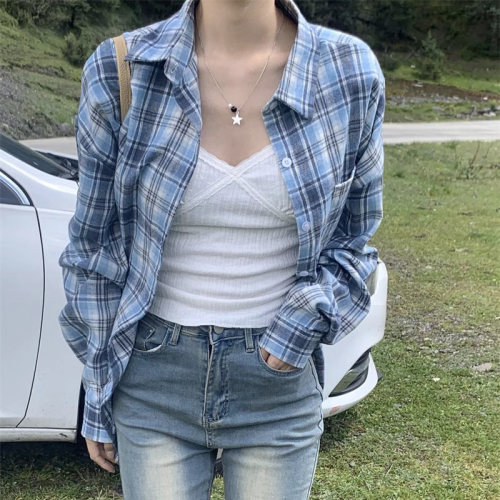 复古蓝色格子宽松长袖衬衫女