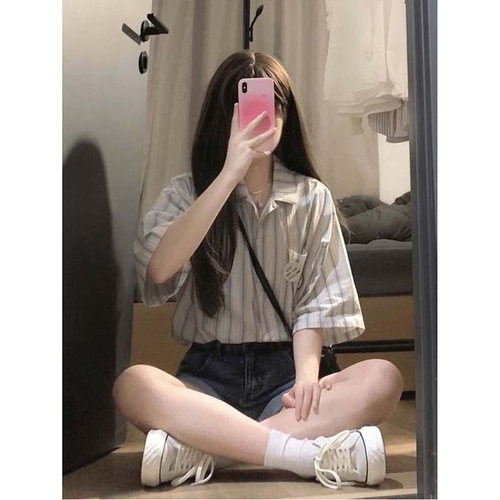 学院风条纹短袖衬衫女夏小清新