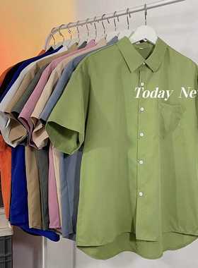 夏天多巴胺穿搭果绿色韩版衬衫简约港味风复古情侣夏装衬衣上衣
