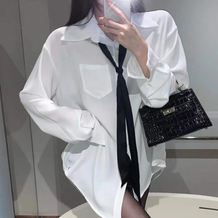 新款洋气设计感白色衬衫女长袖宽松BF风领带polo领春季打底外套