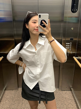 日系少年感白色衬衫女夏季短袖衬衣百搭宽松bf港风半袖时尚外套