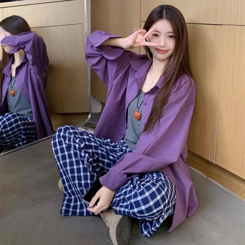 紫色慵懒休闲衬衫女百搭男友风开衫宽松显瘦休闲显白内搭衬衣上衣