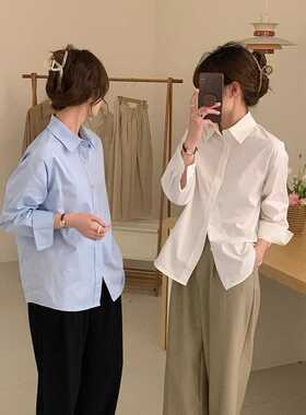 高级感蓝色衬衫女春秋新款爆款衬衣气质绝美漂亮小衫上衣设计感