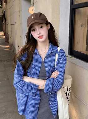 韩系chic蓝色格纹Polo领衬衫新款宽松超好看气质百搭长袖休闲上衣