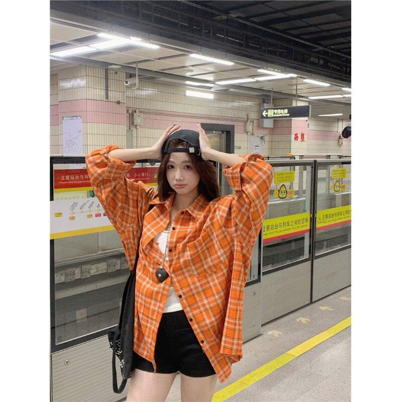 橙色格子衬衫女春秋季美式翻领休闲百搭宽松休闲长袖衬衣外套